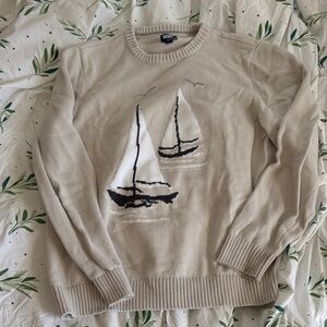 Lands' End Beige Crewneck Sweater with Sailboat Design